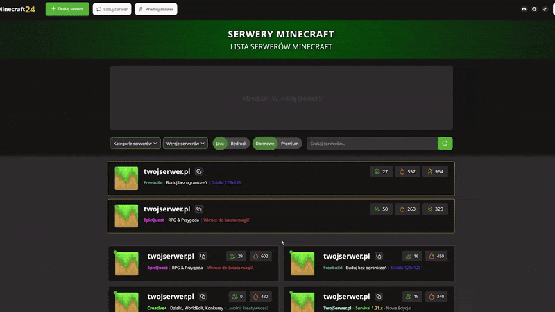 Animacja pokazująca promowanie serwera na stronie głównej